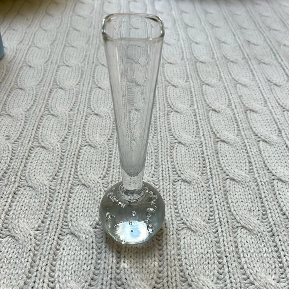 Vtg Small Glass Bud Vase square top Unique bubble bulb Design 5.5”Tall X 1 X 1